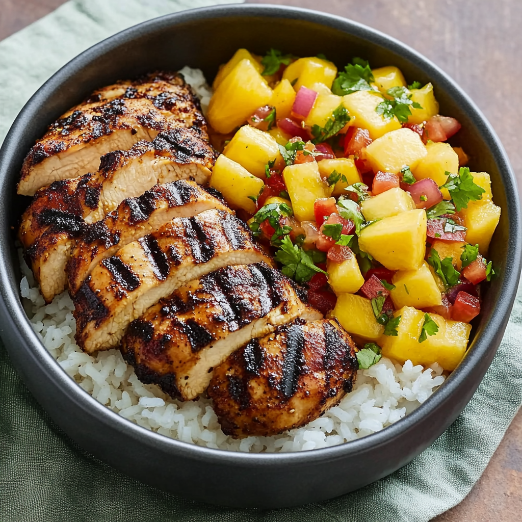 Jerk Chicken Bowls with Mango Salsa and Coconut Rice