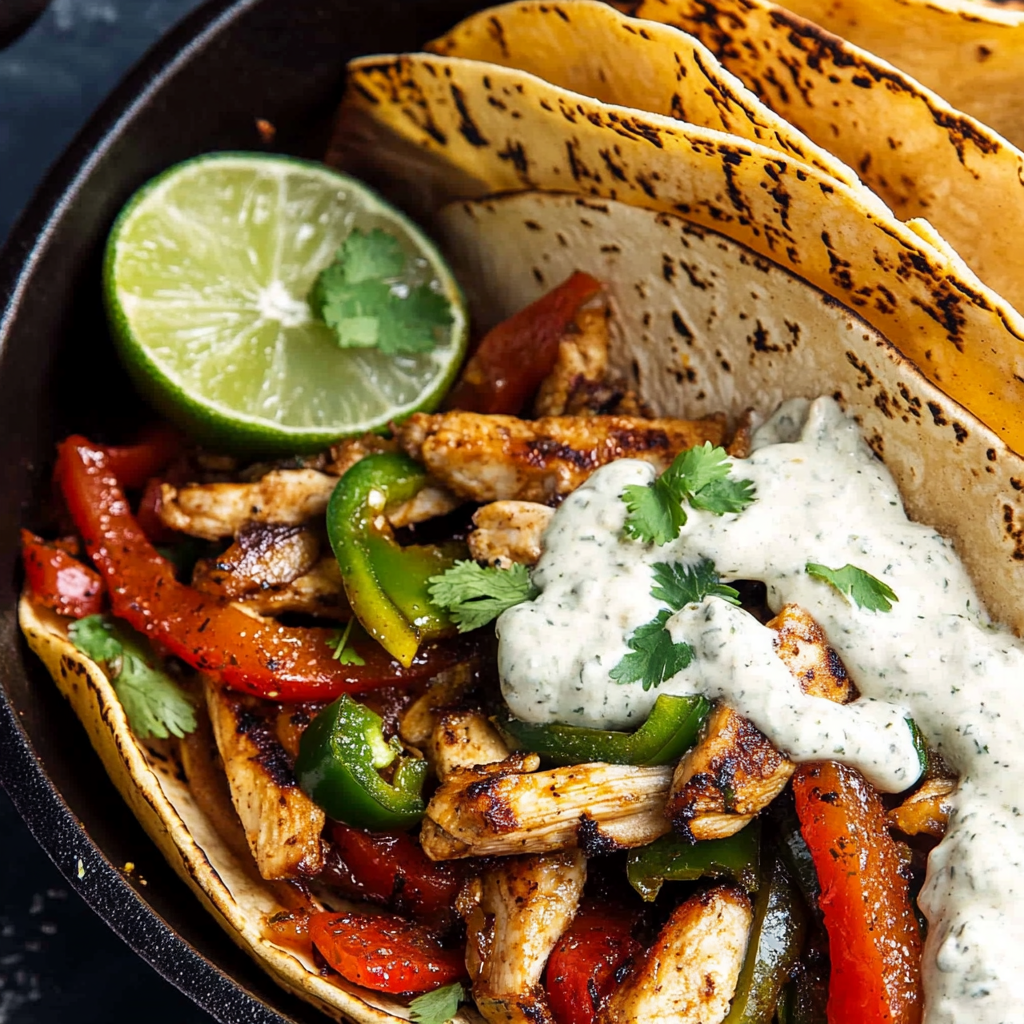 Skillet Chicken Fajitas with Creamy Jalapeño Verde Sauce.