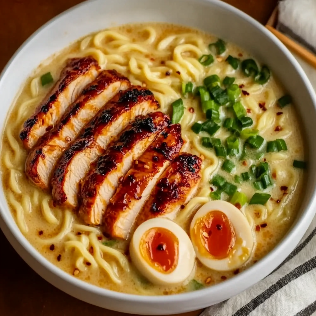 Fiery Chicken Ramen with Creamy Garlic Sauce