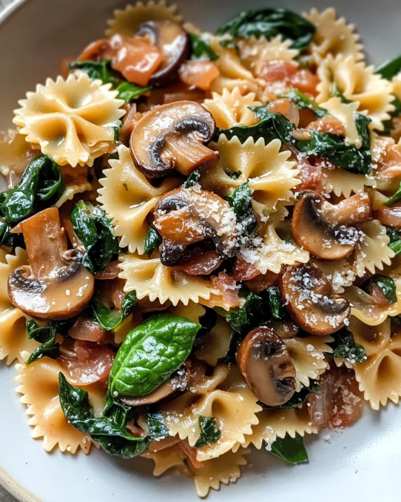 Farfalle Pasta with Spinach, Mushrooms, and Caramelized Onions