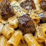 Cajun Steak Tips in Cheesy Rigatoni Parmesan Sauce