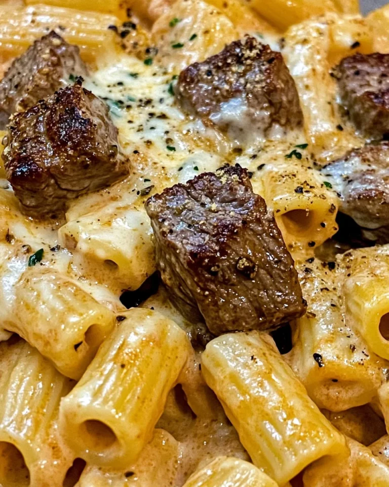 Cajun Steak Tips in Cheesy Rigatoni Parmesan Sauce