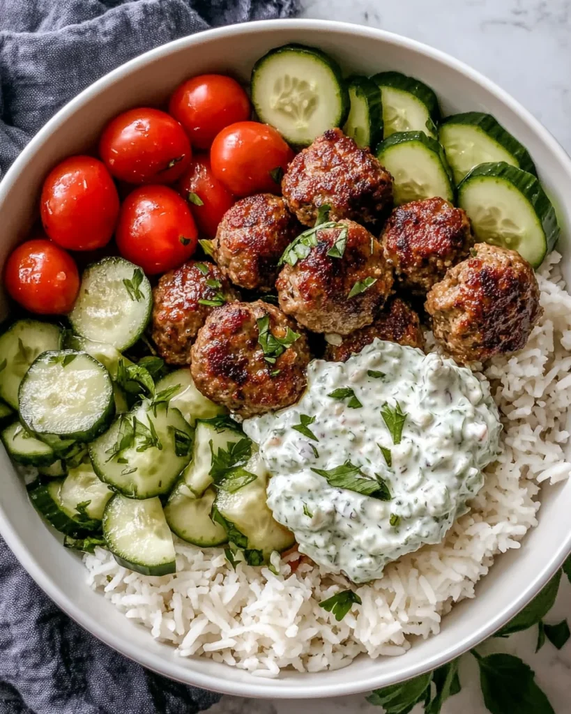 Greek Meatball Bowl with Tzatziki, Rice & Fresh Veggies