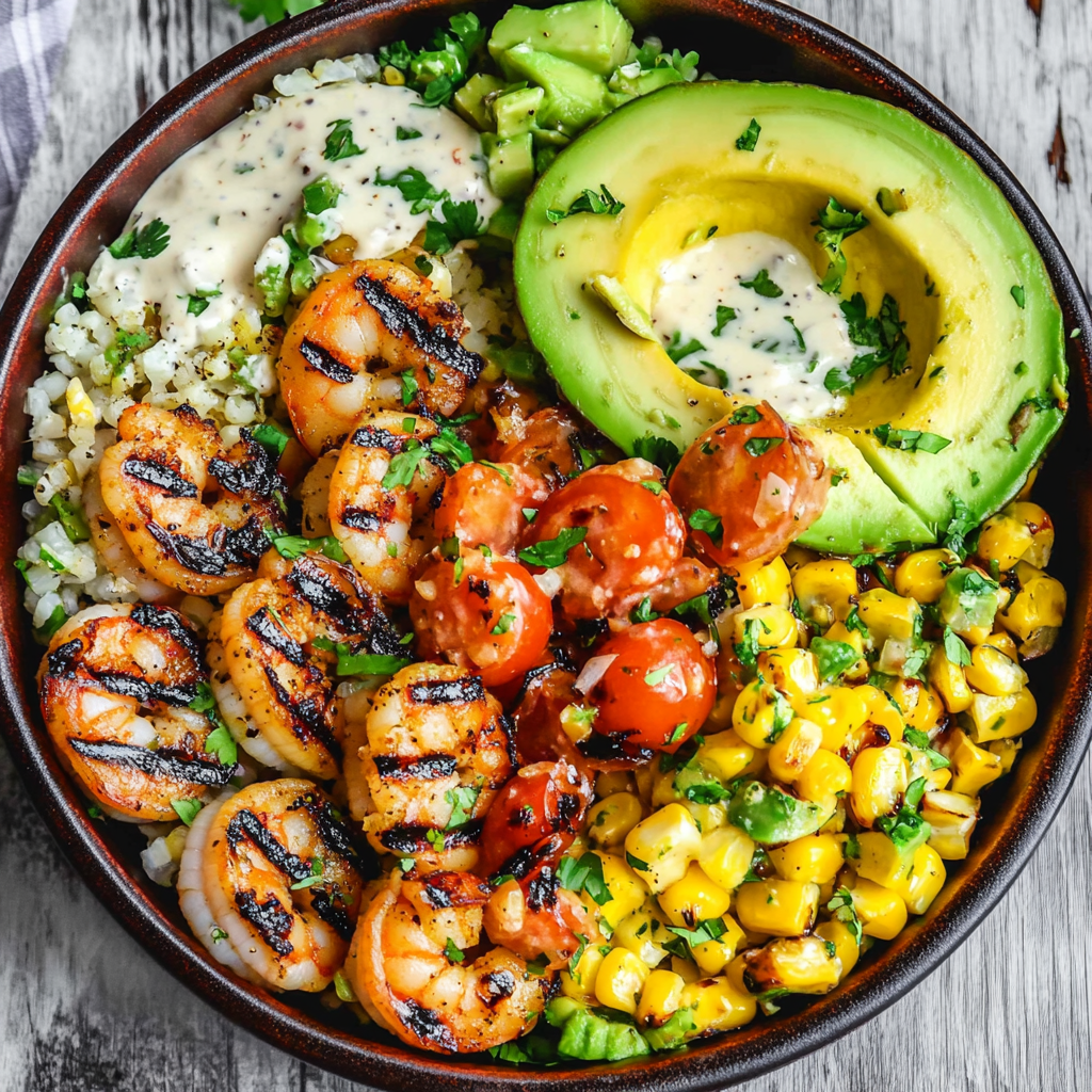 Grilled Shrimp Bowl with Avocado, Corn Salsa & Creamy Garlic Sauce: An Incredible 7-Ingredient Recipe