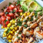 Grilled Shrimp Bowl with Avocado, Corn Salsa & Creamy Sauce