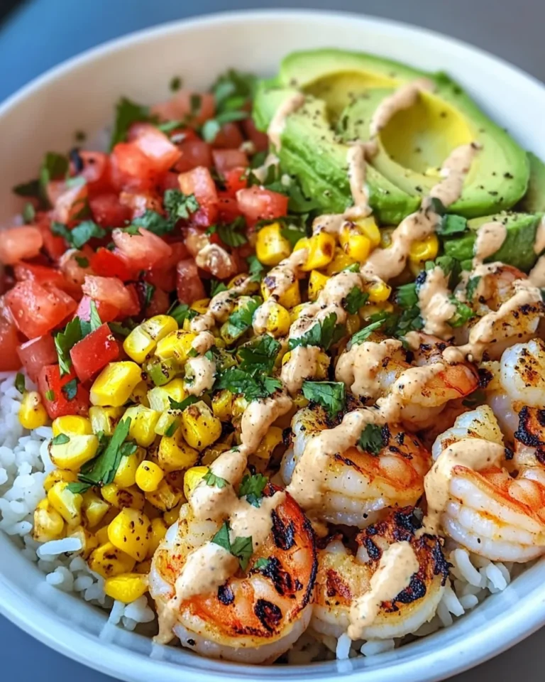 Grilled Shrimp Bowl with Avocado, Corn Salsa & Creamy Sauce