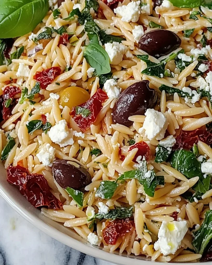 Homemade Orzo Pasta Salad with Feta and Sun Dried Tomatoes - flirtyfood