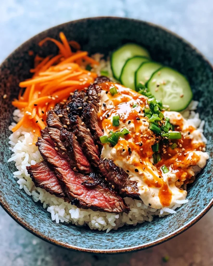 Korean BBQ Steak Rice Bowls with Spicy Cream Sauce