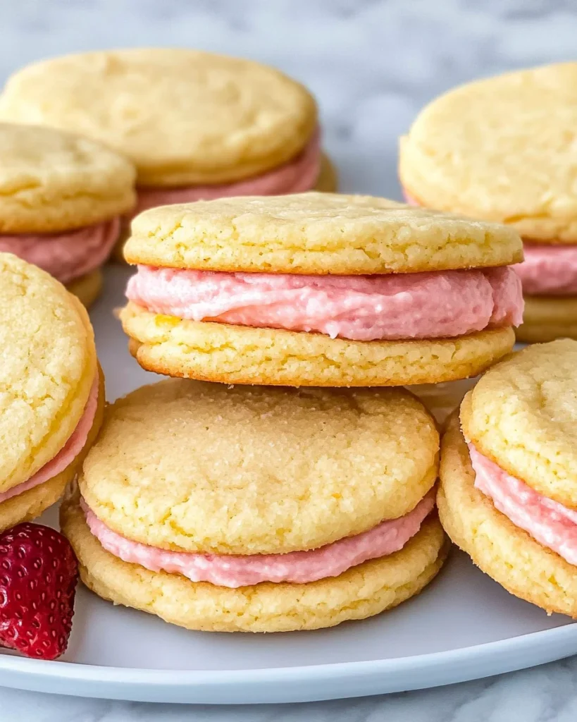 Lemon Sandwich Cookies with Strawberry Frosting