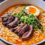 Spicy Korean Ramen with Grilled Beef & Creamy Sauce