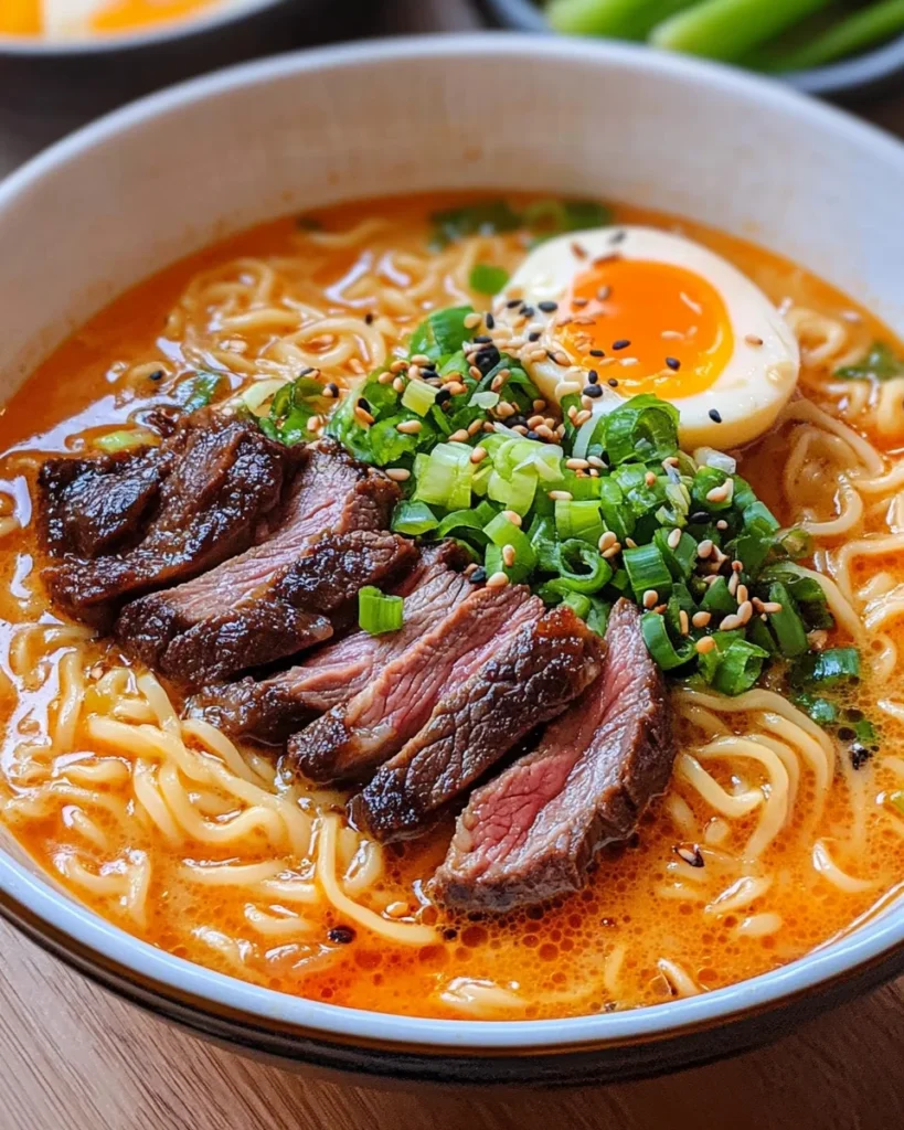 Spicy Korean Ramen with Grilled Beef & Creamy Sauce