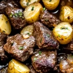 crockpot garlic butter beef bites with potatoes