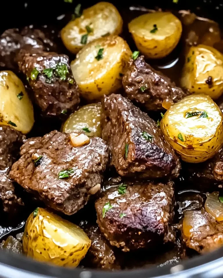 crockpot garlic butter beef bites with potatoes