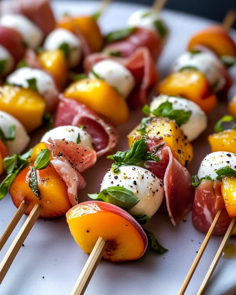 Mozzarella, Prosciutto, and Pickled Peach Appetizer Skewers