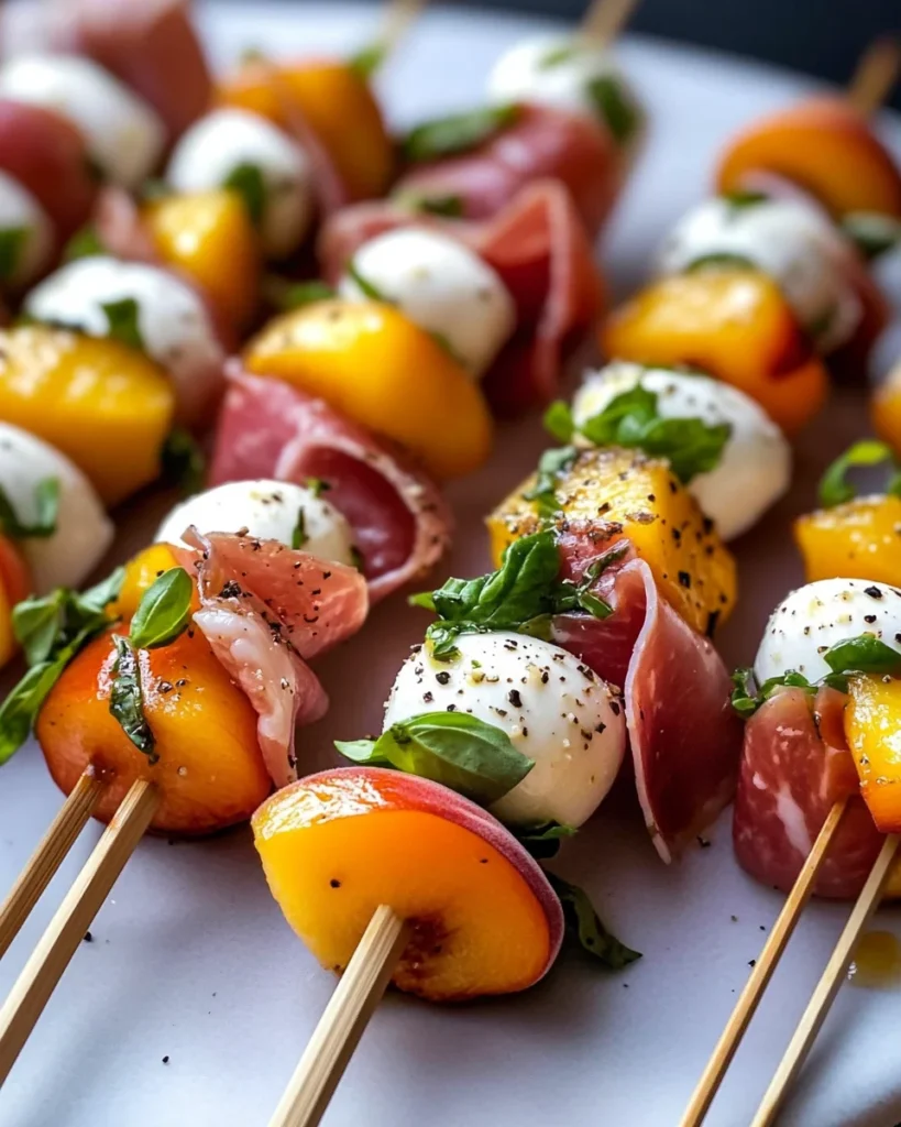 Mozzarella, Prosciutto, and Pickled Peach Appetizer Skewers