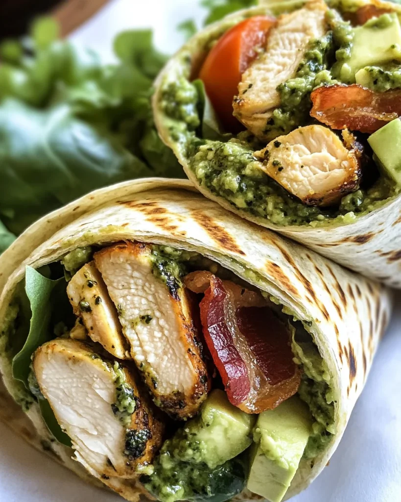 Pesto Chicken and Avocado Bacon Salad Wraps